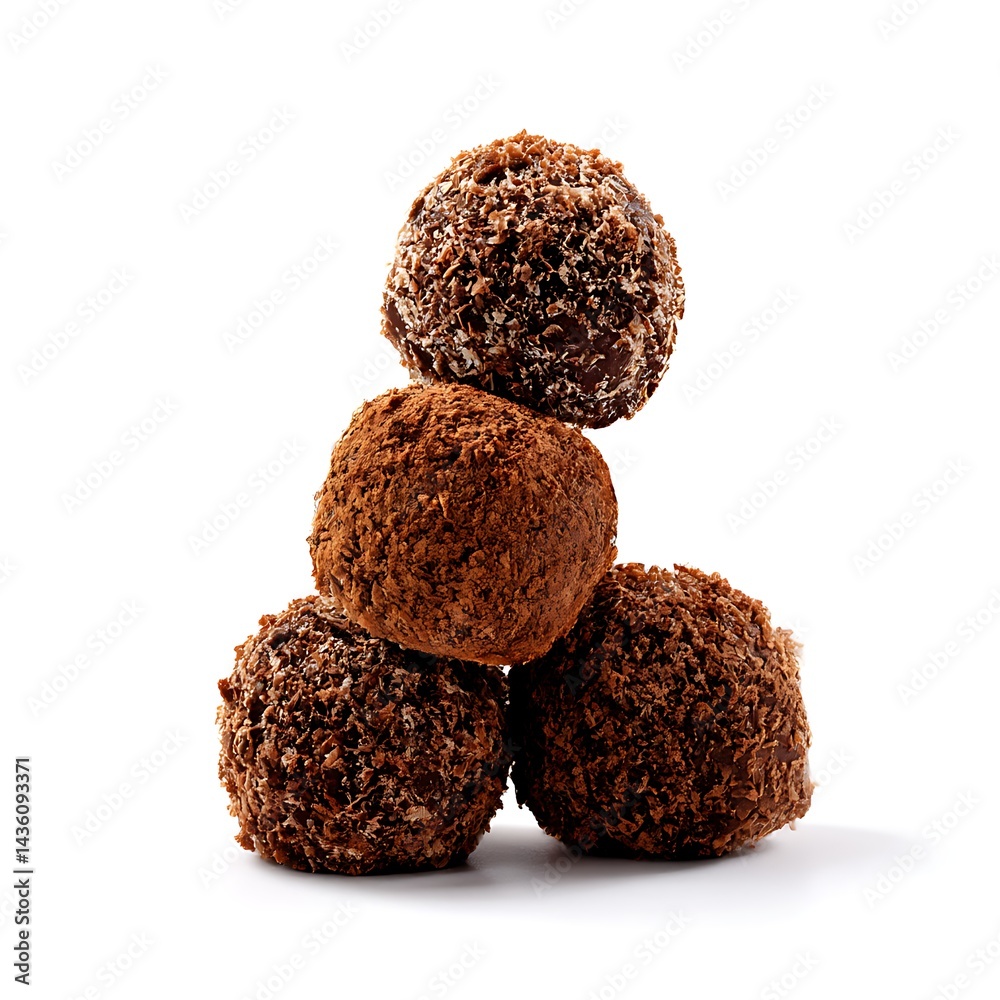 A stack of delicious chocolate truffles isolated on a clean white background. A stack of delicious chocolate truffles isolated on a clean white background.