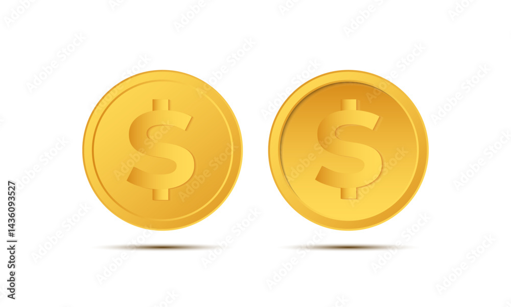 Realistic yellow brass or gold coin different views. Embossed Dollar Sign and Star-Patterned Border on a Clean White Background with Soft Shadow. 3D golden coins. Payment and investment, bank money. Realistic yellow brass or gold coin different views. Embossed Dollar Sign and Star-Patterned Border on a Clean White Background with Soft Shadow. 3D golden coins. Payment and investment, bank money.