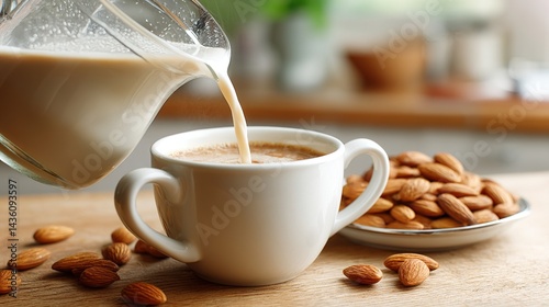 Healthy Almond Milk Pitcher Pouring into Coffee Cup beside Fresh Nuts, Blurred Kitchen Counter Background, Natural Food Alternative Concept