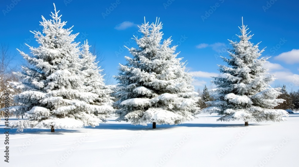 Fototapeta premium Snowy winter trees lined in pattern under clear blue sky with bright contrast and uniform frost texture representing natural geometry in seasonal cold landscape image