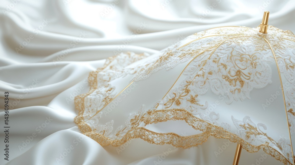 Ornate white umbrella on flowing silk fabric. Elegant accessory Ornate white umbrella on flowing silk fabric. Elegant accessory