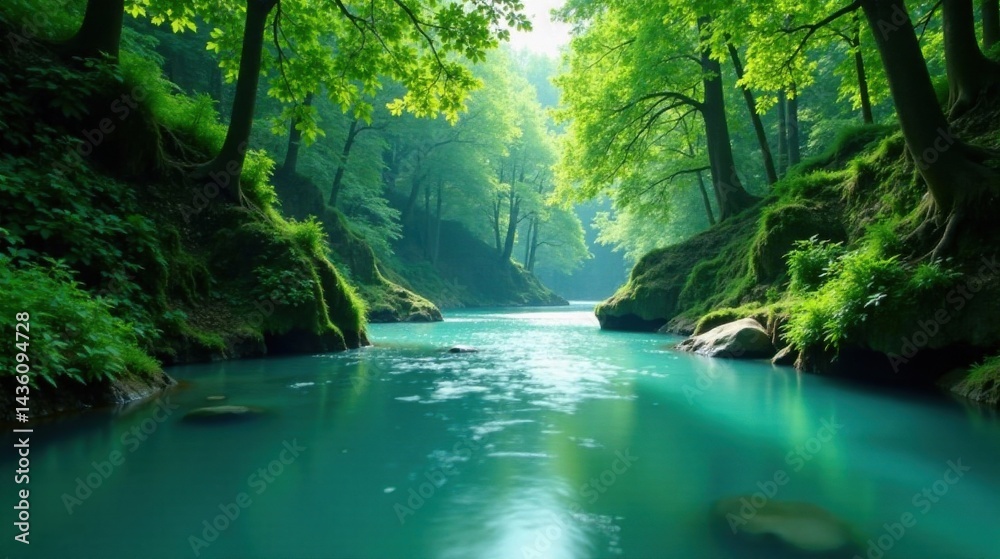 Naklejka premium Serene River Flowing Through a Lush Green Forest Canyon, Sunlight Filtering Through the Canopy, Creating a Peaceful and Tranquil Atmosphere