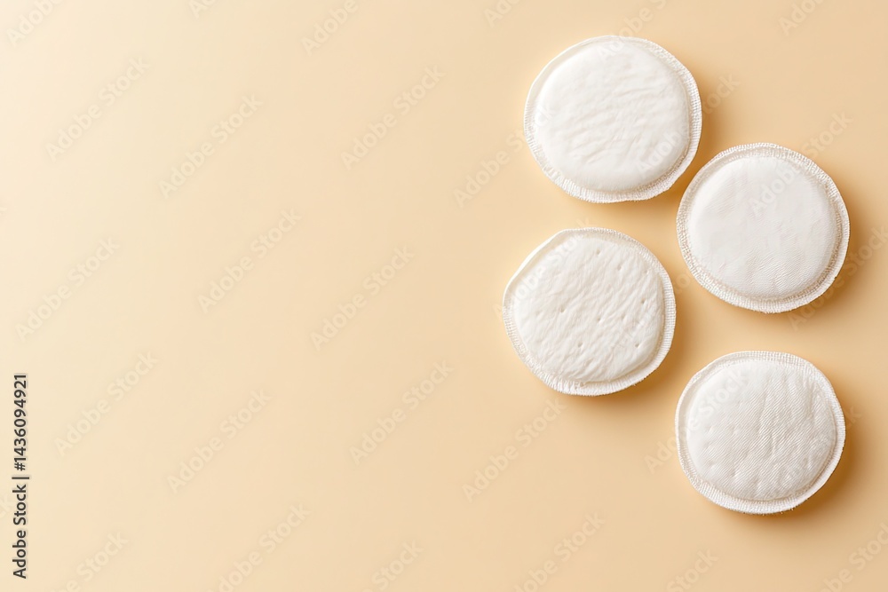 Clean cotton pads and micellar water on beige background Clean cotton pads and micellar water on beige background