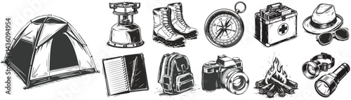 Adventure camping gear silhouette set with hat sunglasses and boots