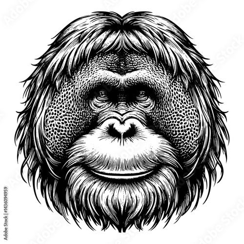 Orangutan sketch engraving black and white outline. Scratch board imitation.  illustrated in vintage line art style on a white background.