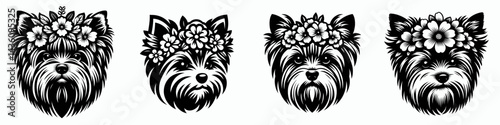 Yorkshire Terrier Dog head with flower crown. Silhouette logo animal mascot. Small yorkie canine face adorned blossom wreath pet portrait.