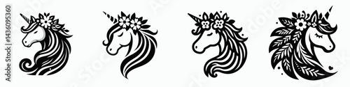 Unicorn head with flower crown. Silhouette logo animal mascot. Equine face adorned floral wreath mythical creature decoration for artwork.