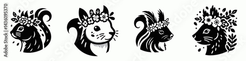 Squirrel head with flower crown. Silhouette logo animal mascot. Rodent cranium adorned floral wreath botanical headpiece garden fauna.