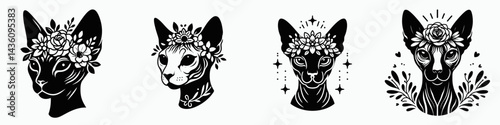 Sphynx Cat head with flower crown. Silhouette logo animal mascot. Hairless feline face adorned floral wreath botanical corona.