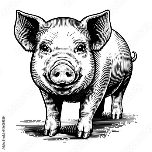 pig sketch engraving black and white outline. Scratch board imitation. Illustrated in vintage line art style on a white background.