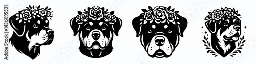 Rottweiler Dog head with flower crown. Silhouette logo animal mascot. Canine portrait featuring floral headband tough breed lovely bloom.