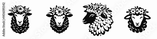 Sheep head with flower crown. Silhouette logo animal mascot. Lambs visage adorned botanical garland springtime meadow theme.