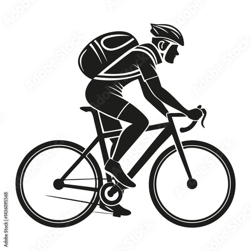 Black Silhouette of Moving Cyclist with Backpack