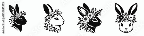 Rabbit head with flower crown. Silhouette logo animal mascot. Bunny face floral wreath blossom adornment nature-inspired fauna design.