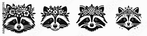 Raccoon head with flower crown. Silhouette logo animal mascot. Masked bandit face floral circlet woodland creature garland adornment.