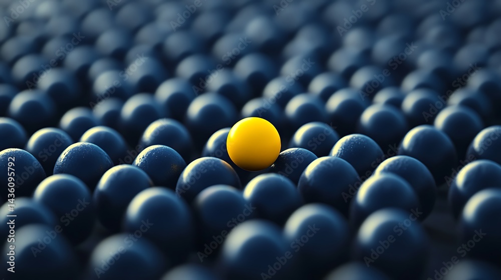 Obraz premium Yellow sphere amidst array of dark blue spheres, matte surface, uniqueness