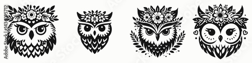 Owl head with flower crown. Silhouette logo animal mascot. Feathered avian visage adorned blossom wreath rustic woodland design element.