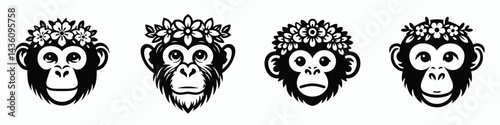 Monkey head with flower crown. Silhouette logo animal mascot. Simian cranium adorned floral wreath jungle fauna botanical headwear.
