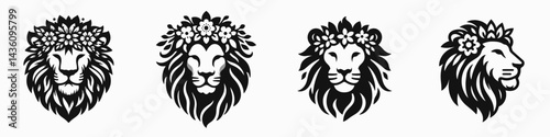 Lion head with flower crown. Silhouette logo animal mascot. Feline visage adorned floral wreath regal blossom circlet.