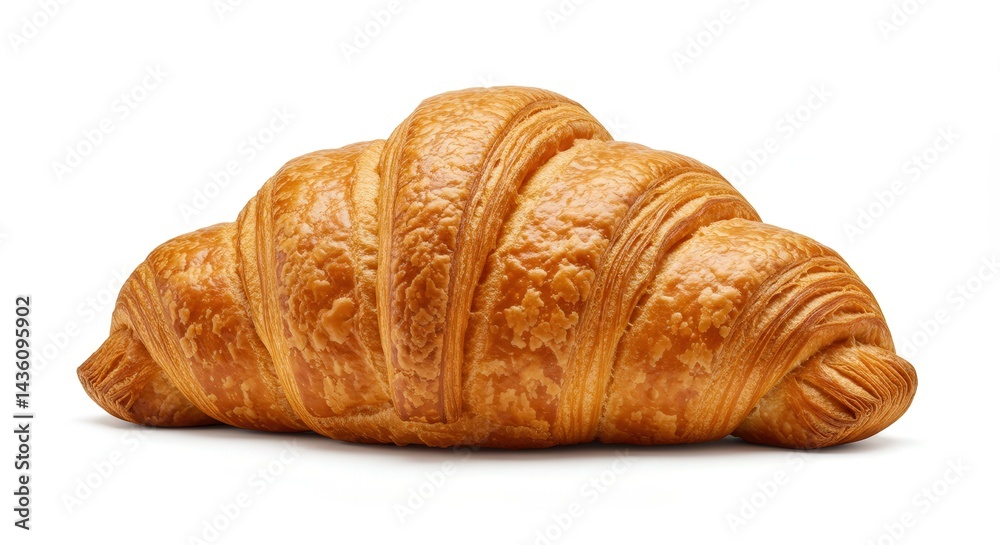 A large golden croissant on a pure white background, perfect shape, no blur, studio lighting, high contrast, focus on flaky texture. A large golden croissant on a pure white background, perfect shape, no blur, studio lighting, high contrast, focus on flaky texture.