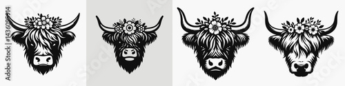 Highland Cow head with flower crown. Silhouette logo animal mascot. Bovine face adorned flora wreath scottish cattle portrait floral coronet.
