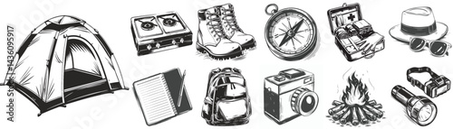 Camping and hiking tools vector with stove backpack and notepad