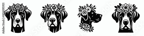 Great Dane Dog head with flower crown. Silhouette logo animal mascot. Majestic canine cranium adorned blossom wreath floral decoration.