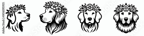 Golden Retriever Dog head with flower crown. Silhouette logo animal mascot. Canine visage adorned blossom circlet breed face lovely petal coronet.