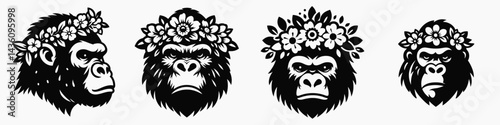 Gorilla head with flower crown. Silhouette logo animal mascot. Primate face floral tiara botanical decoration fauna wildlife ape portrait.