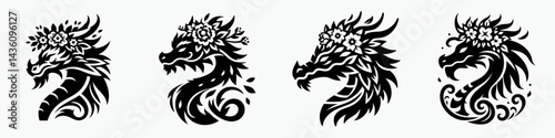 Dragon head with flower crown. Silhouette logo animal mascot. Serpentine visage in bloom floral tiara adornment mythical reptilian concept.