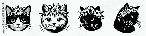 Domestic Shorthair Cat head with flower crown. Silhouette logo animal mascot. Feline face adorned flora garland tabby breed headshot floral circlet.