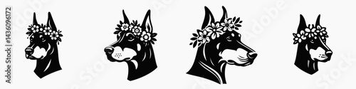 Doberman Pinscher Dog head with flower crown. Silhouette logo animal mascot. Canine visage adorned floral garland blossoms wreath.