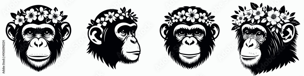Fototapeta premium Chimpanzee head with flower crown. Silhouette logo animal mascot. Ape visage adorned botanical garland primate cranium floral diadem.