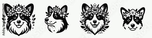 Corgi Dog head with flower crown. Silhouette logo animal mascot. Welsh pembroke canine face floral decoration a lovely corolla adornment.