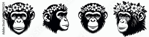 Chimpanzee head with flower crown. Silhouette logo animal mascot. Ape visage adorned botanical garland primate cranium floral diadem.
