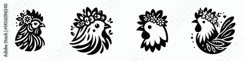 Chicken head with flower crown. Silhouette logo animal mascot. Fowl visage adorned bloom diadem avian portrait rural farm fauna.