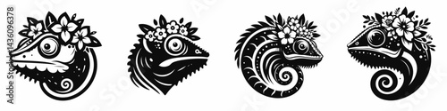 Chameleon head with flower crown. Silhouette logo animal mascot. Reptile cranium adorned floral diadem fauna botanical decoration.