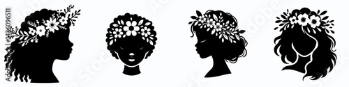 black girl head with flower crown. Silhouette logo animal mascot. African female portrait adorned botanical halo headpiece floral design.