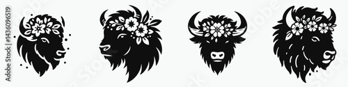 Bison head with flower crown. Silhouette logo animal mascot. Big bull cranium adorned bloom garland nature artwork decoration.