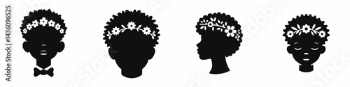 black boy head with flower crown. Silhouette logo animal mascot. African child portrait adorned bloom diadem royal kid in blossom halo.