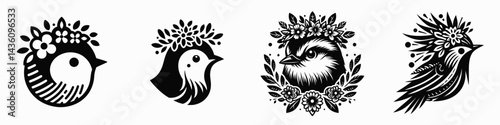 bird head with flower crown. Silhouette logo animal mascot. Avian visage adorned floral wreath a spring bloom coronet for fauna.