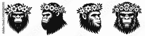 Bigfoot head with flower crown. Silhouette logo animal mascot. Hairy hominid cranium adorned in bloom chaplet cryptozoology garden vibe.