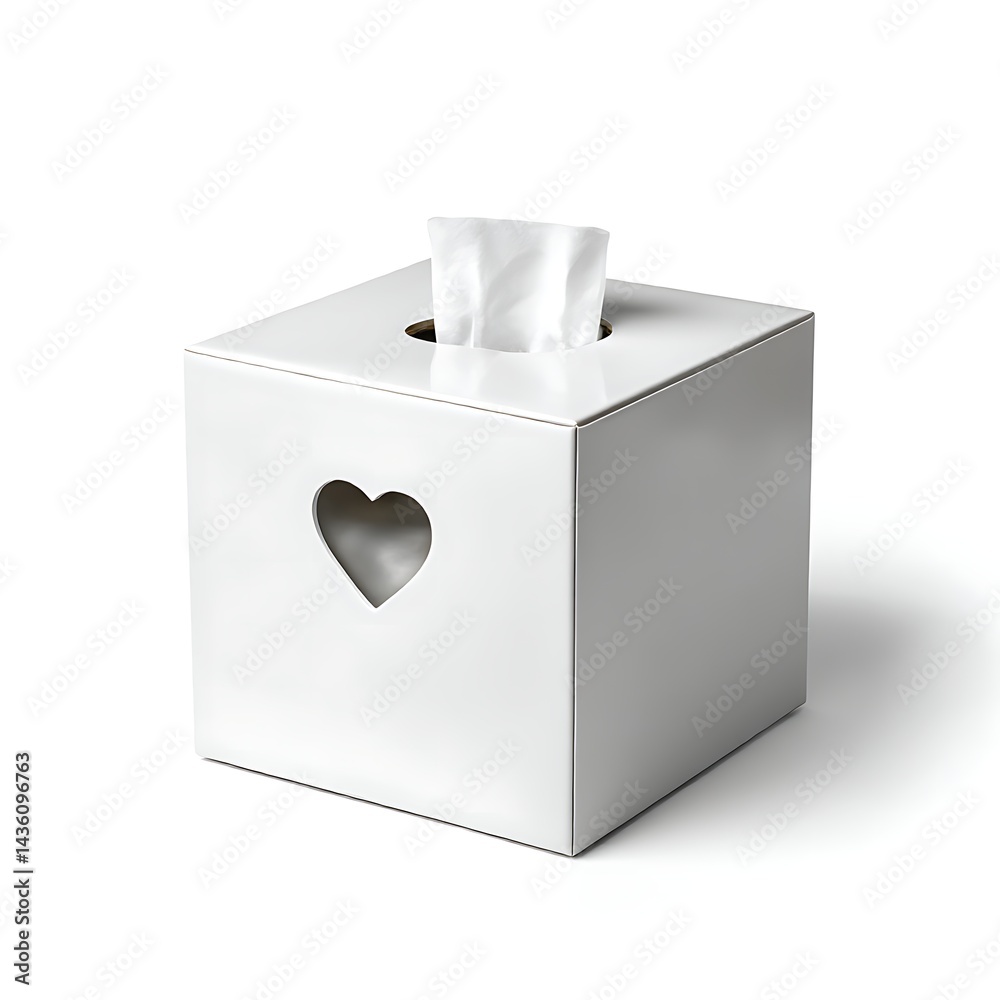 A white, square tissue box with a heart-shaped cutout on the top, isolated on a white background A white, square tissue box with a heart-shaped cutout on the top, isolated on a white background