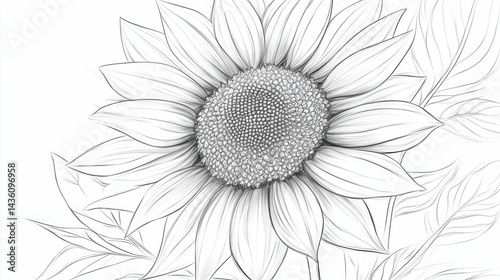 Linear sketch, large flower, delicate leaves, monochrome.