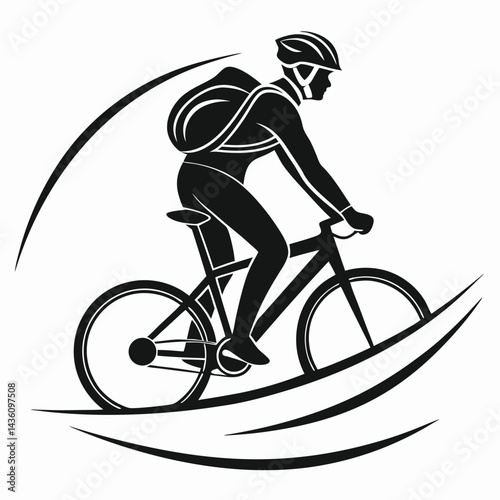 Silhouette of Bike Rider with Helmet and Backpack