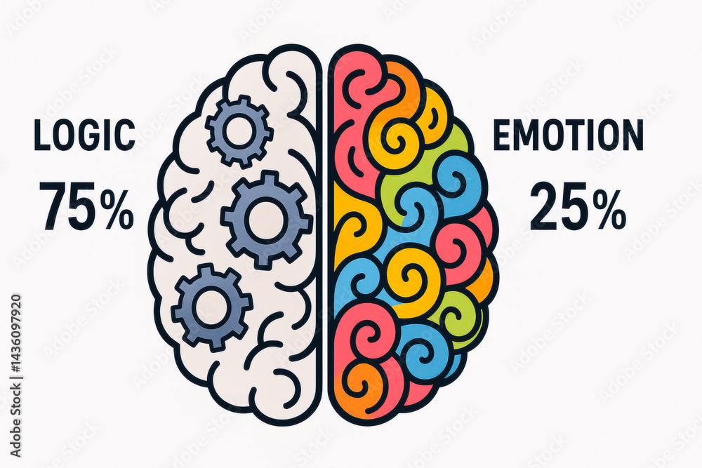 Stylized brain with gears on left for logic and colorful swirls on right for emotion, labeled with percentage values Stylized brain with gears on left for logic and colorful swirls on right for emotion, labeled with percentage values