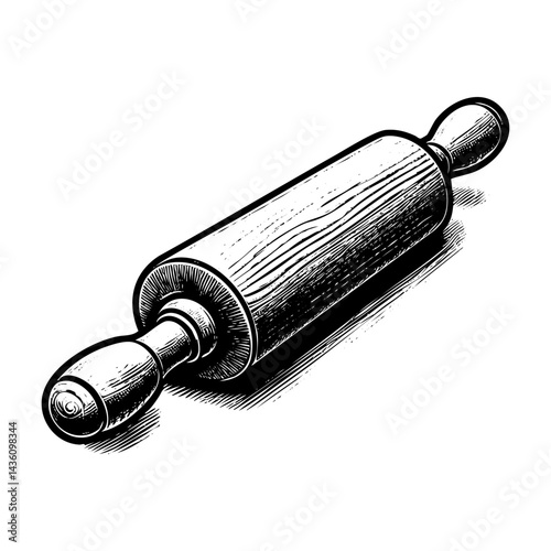 Rolling pin sketch engraving black and white outline. Scratch board imitation.