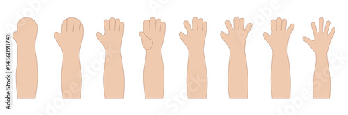 Vector set of stylized cartoon arms showing transformation stages. From basic shapes to full five-finger hands. Flat style for character creation and concept visuals
