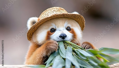 Adorable red panda in straw hat enjoys a leafy snack