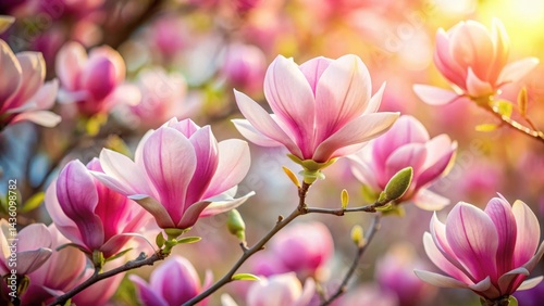 Close-up of delicate pink magnolia flowers blooming in vibrant spring colors